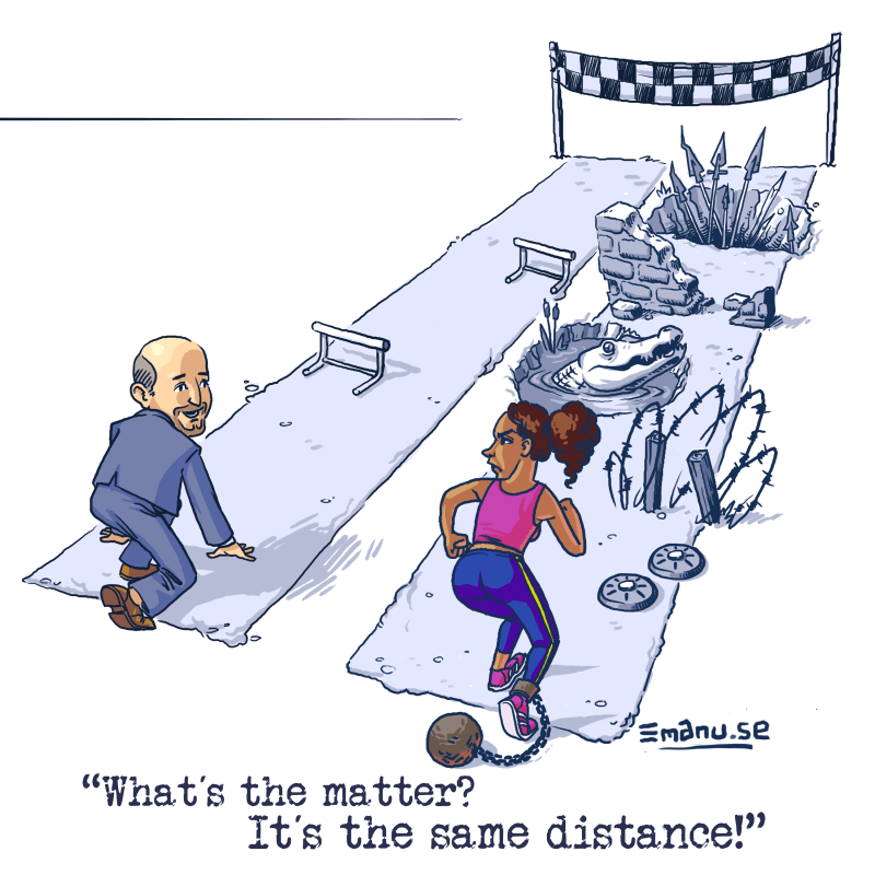 A man and a woman having a race. The man has a relatively clear path with two hurdles and the woman’s path is filled with obstacles and dangers and she is wearing a ball chained to her ankle. 