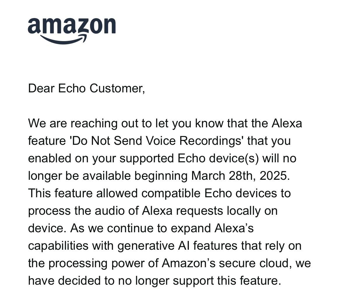 The Alexa feature "do not send voice recordings" you enabled no longer available