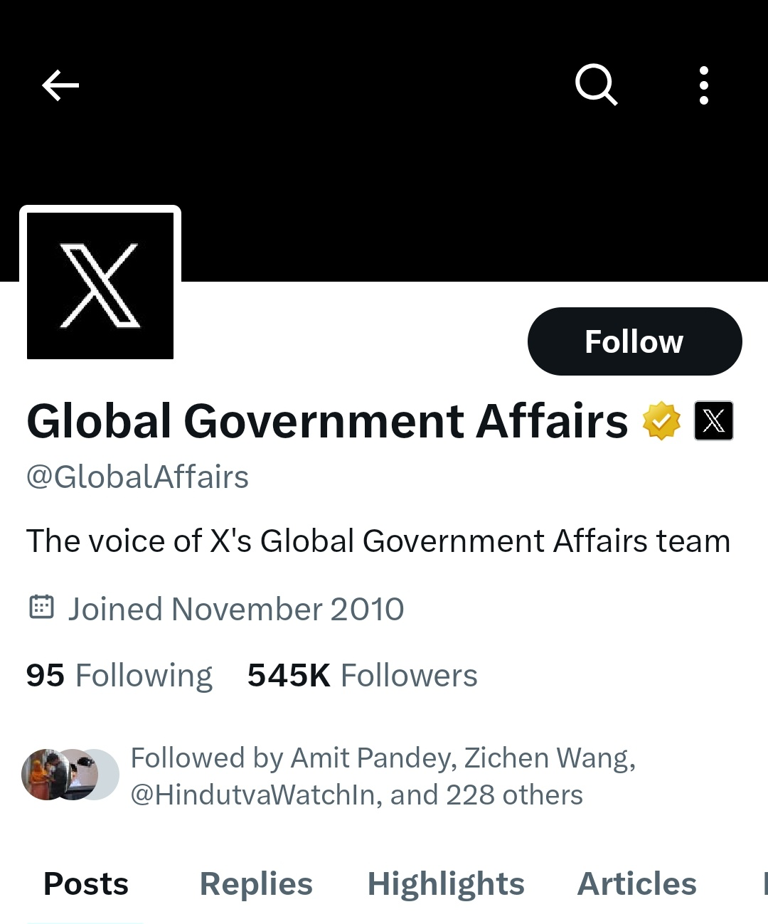 This is from
Global Government Affairs
@GlobalAffairs
The voice of X's Global Government Affairs team
# Joined November 2010
95 Following 545K Followers
This is from
Global Government Affairs
@GlobalAffairs
The voice of X's Global Government Affairs team
# Joined November 2010
95 Following 545K Followers