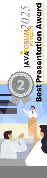 Badge showing a silver medal for “Best Presentation Award” at Java Forum 2025.