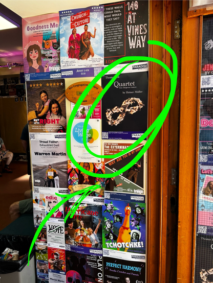 Photo of a poster wall at the box office, with the poster for “Quartet” circled.