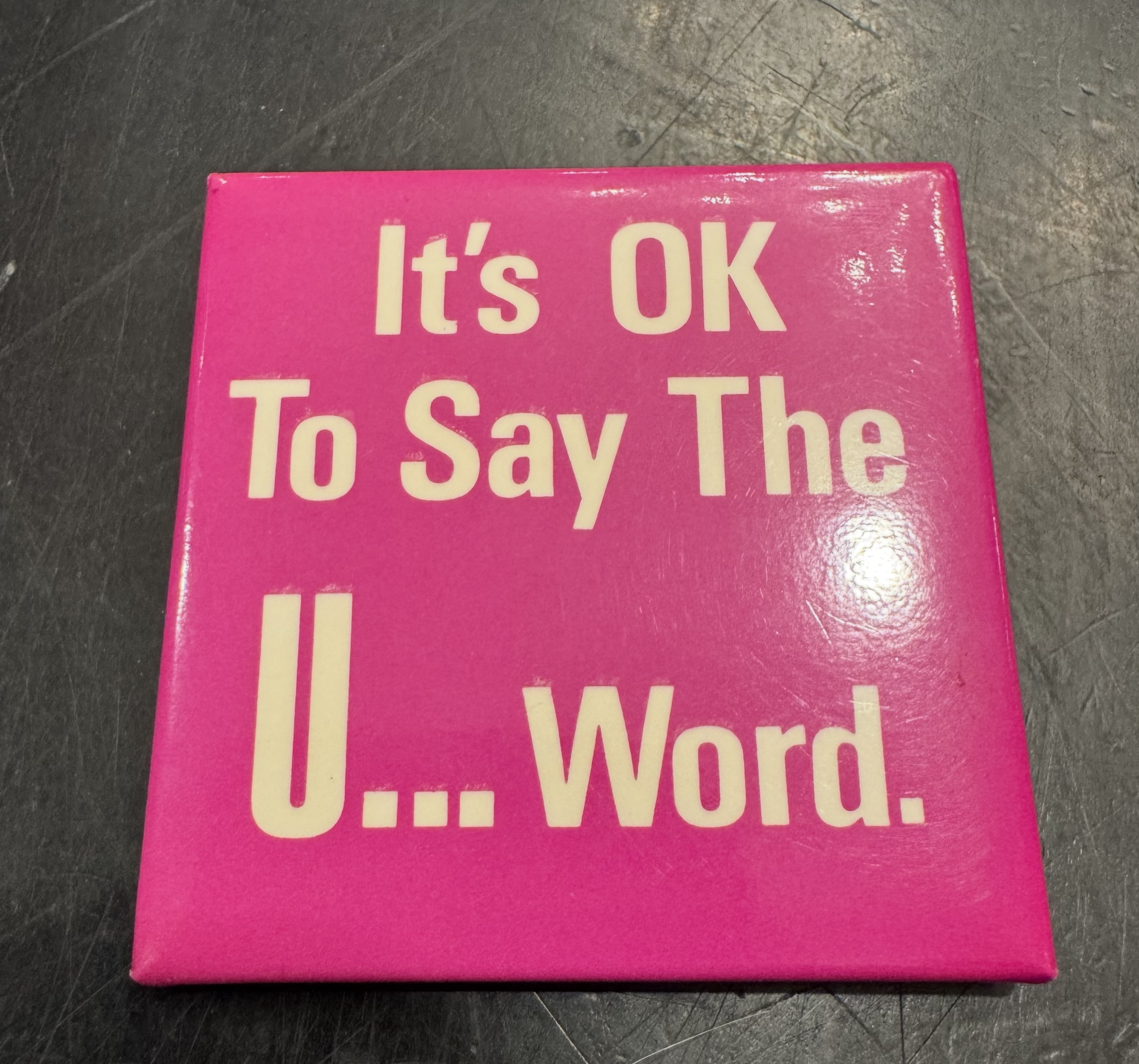 a pink square pin reading
"It's OK To Say The U... Word."