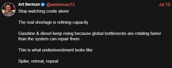 A screenshot of an X post by Art Berman dated July 10. The header displays a profile picture, the name "Art Berman", the handle "[@]aeberman12", and a blue verification checkmark. The text in the post reads: "Stop watching crude alone
The real shortage is refining capacity
Gasoline & diesel keep rising because global bottlenecks are rotating faster than the system can repair them
This is what underinvestment looks like
Spike, retreat, repeat".