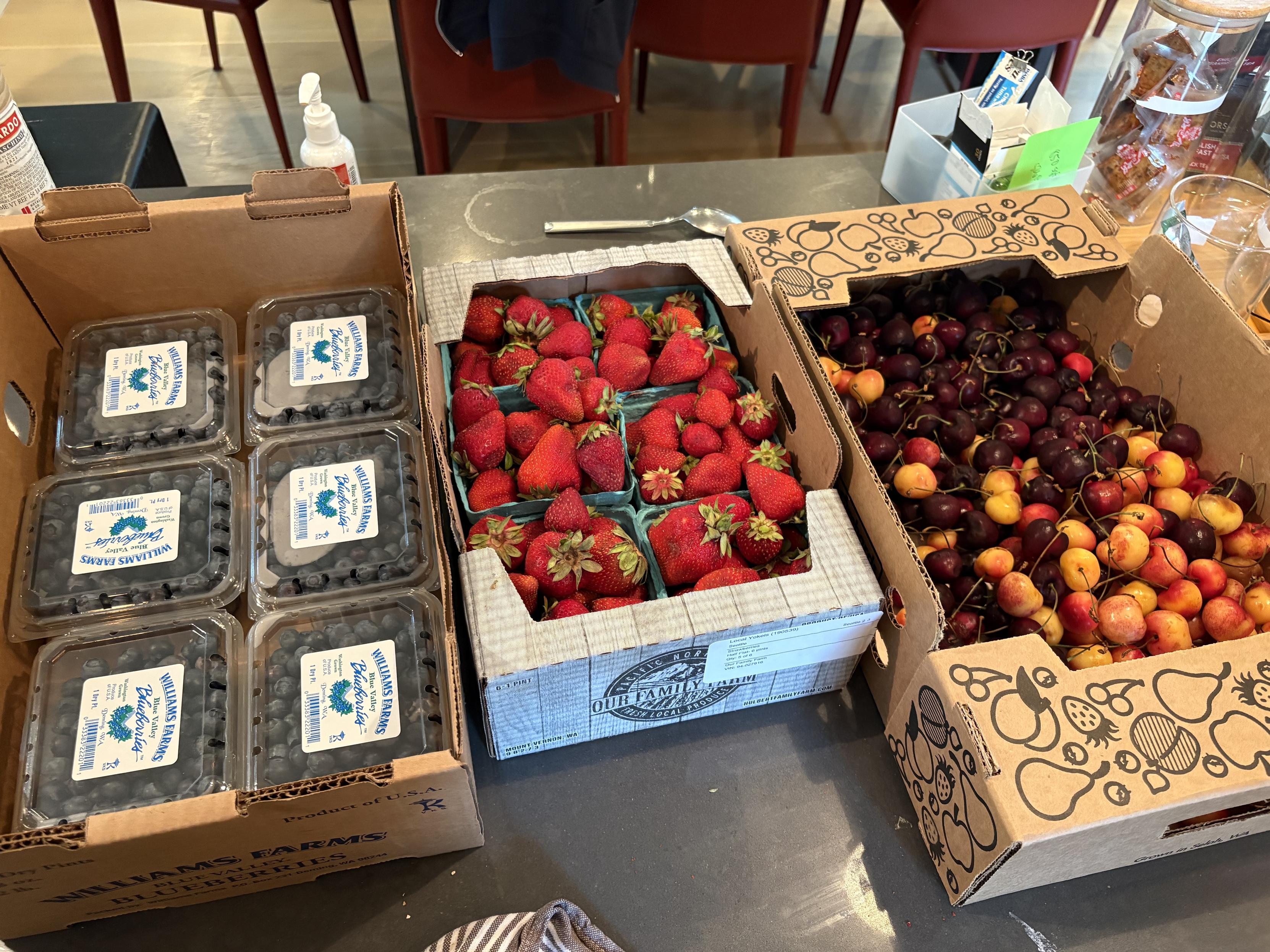 Three half pallets of blueberries, strawberries and cherries