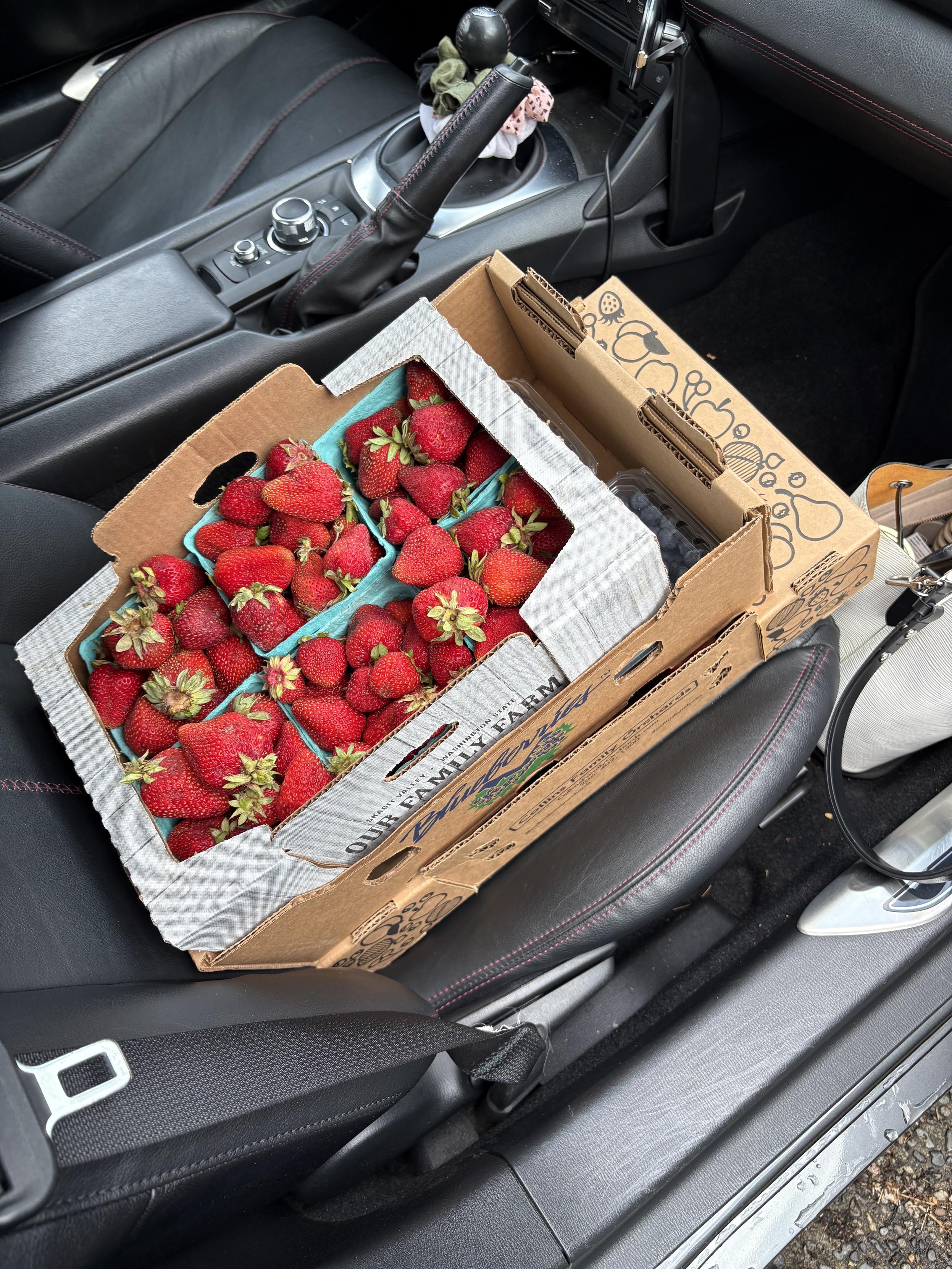 A ton of fruit stuffed in to the passenger seat of a Miata because it didn’t fit in the trunk